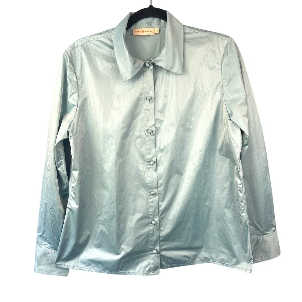 Tory Burch Long Sleeve‎ Button-up Light Blue Shirt Size 10 Shimmers Iridescent